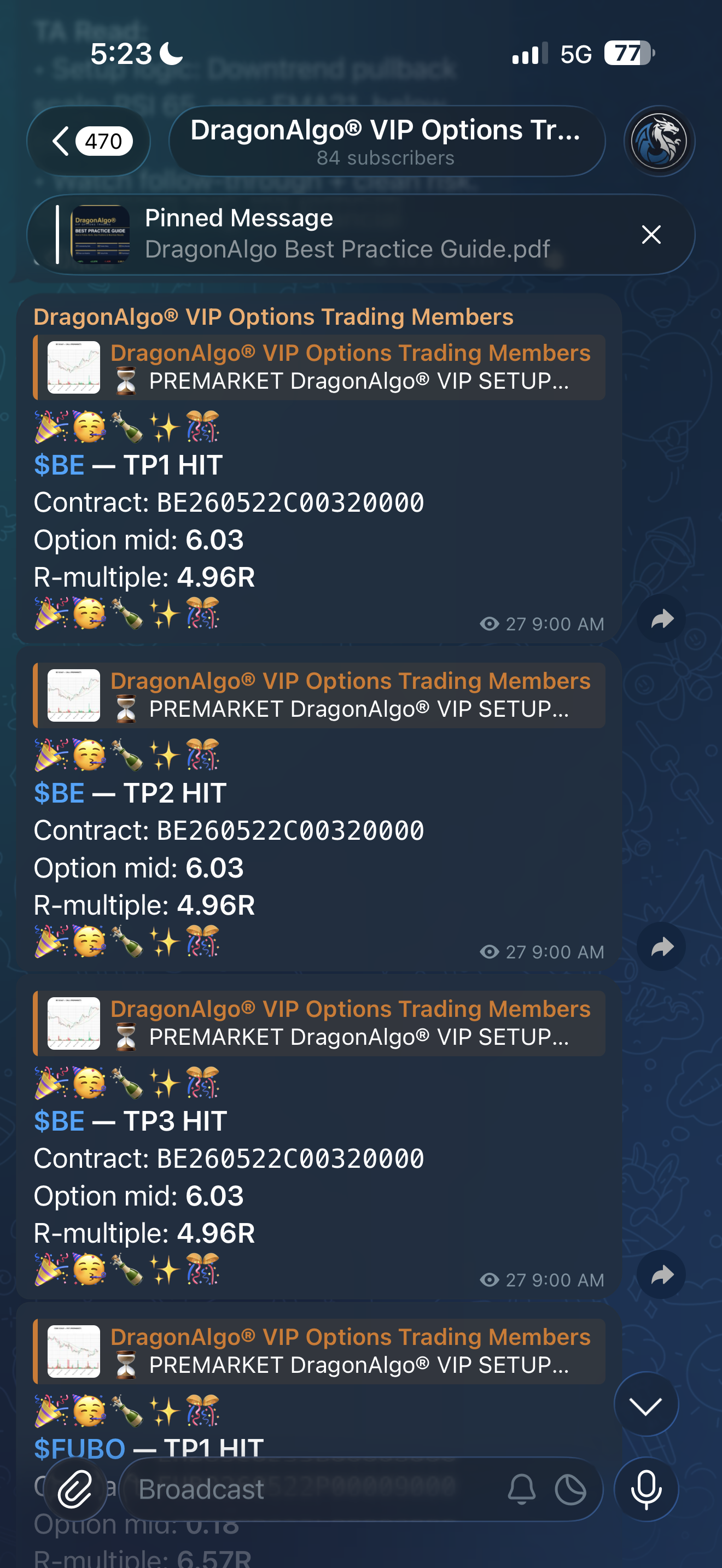 DragonAlgo target hit notifications showing multiple wins